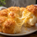 Visualisasi tekstur lembut dari Resep Kue Sobek Keju yang baru matang dengan tarikan keju mozzarella lumer dan taburan keju parut kering di atasnya harian.