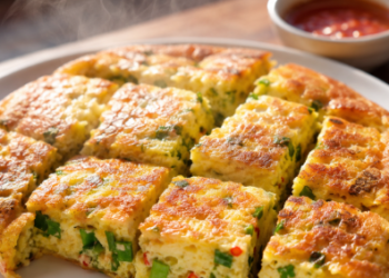 Potongan tebal yang memperlihatkan tekstur empuk dari hidangan Resep Martabak Telur Simpel dengan isian daun bawang dan cabai.