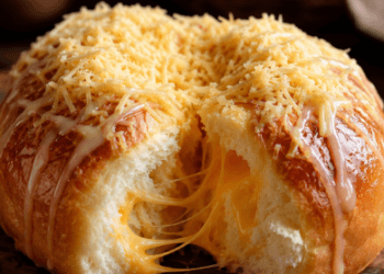Tekstur serat roti yang empuk dan keju leleh dari panduan Resep Roti Keju Lembut Viral dengan siraman susu kental manis yang menggugah selera.