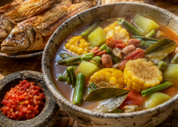 Semangkuk hangat hidangan dari panduan Resep Sayur Asem Jakarta yang disajikan bersama sambal dadak ulek kasar dan ikan asin goreng garing.