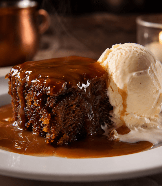 Foto sajian sticky toffee pudding hangat yang disiram saus karamel mengkilap beserta es krim vanila di atas piring keramik putih,