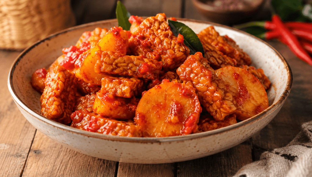 Foto sajian tempe dan kentang bumbu balado pedas mengkilap di dalam mangkuk keramik di atas meja kayu tradisional,