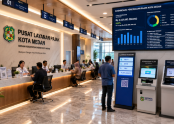Dashboard interaktif Retribusi Kota Medan yang menampilkan sistem pelaporan real-time untuk mendukung transparansi keuangan warga kota Medan.