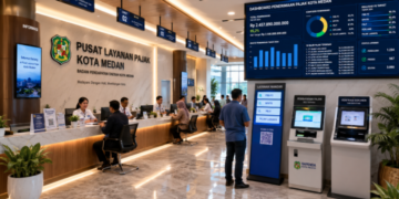 Dashboard interaktif Retribusi Kota Medan yang menampilkan sistem pelaporan real-time untuk mendukung transparansi keuangan warga kota Medan.