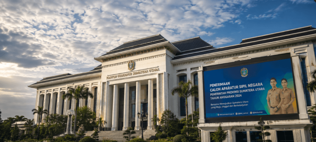 Foto gedung megah pemerintah provinsi Sumatera Utara yang menampilkan spanduk digital rekrutmen aparatur sipil negara pada halaman utama,