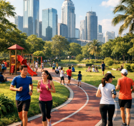 A professional cinematic shot of a lush green city park in Medan with people jogging on a modern track pimpinan children playing pimpinan background of skyscrapers pimpinan bright sunny atmosphere pimpinan photorealistic pimpinan 8k resolution.