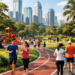 A professional cinematic shot of a lush green city park in Medan with people jogging on a modern track pimpinan children playing pimpinan background of skyscrapers pimpinan bright sunny atmosphere pimpinan photorealistic pimpinan 8k resolution.