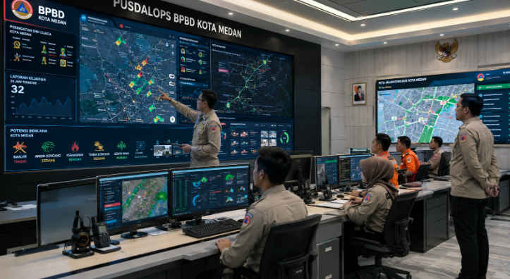 Dashboard interaktif Siaga Bencana Medan yang menampilkan data evakuasi real-time untuk mendukung kecepatan respons darurat warga kota Medan.