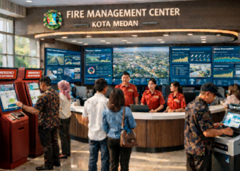 Dashboard interaktif Sistem Damkar Cepat Medan yang menampilkan sistem pemantauan data api real-time untuk mendukung efisiensi tanggap kota Medan.