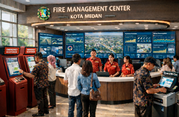 Dashboard interaktif Sistem Damkar Cepat Medan yang menampilkan sistem pemantauan data api real-time untuk mendukung efisiensi tanggap kota Medan.