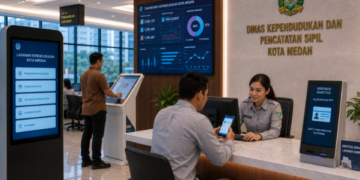 Dashboard interaktif Sistem Informasi Kependudukan Medan yang menampilkan verifikasi identitas real-time untuk mendukung percepatan layanan administrasi warga di kota Medan.