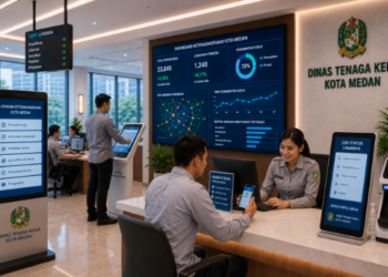 Dashboard interaktif Sistem Informasi Ketenagakerjaan Medan yang menampilkan data lowongan real-time untuk mendukung efisiensi akses layanan ketenagakerjaan bagi warga kota Medan.