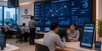 Dashboard interaktif Sistem Informasi Transportasi Medan yang menampilkan pemantauan rute real-time untuk mendukung efisiensi konektivitas mobilitas warga di kota Medan.
