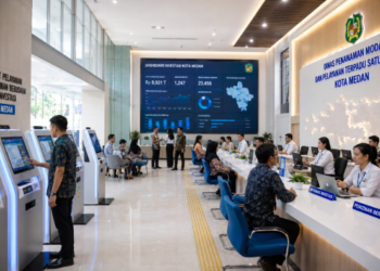 Dashboard interaktif Sistem Investasi Usaha Medan yang menampilkan sistem pemantauan data bisnis real-time untuk mendukung efisiensi modal kota Medan.
