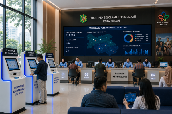 Dashboard interaktif Sistem Izin Kepemudaan Medan yang menampilkan sistem pemantauan data potensi real-time untuk mendukung efisiensi kepemudaan kota Medan.
