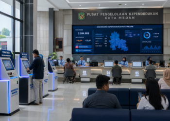 Dashboard interaktif Sistem Izin Kependudukan Medan yang menampilkan sistem pemantauan data identitas real-time untuk mendukung efisiensi administrasi kota Medan.