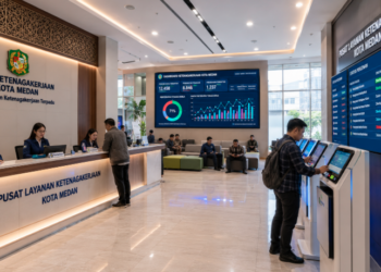 Dashboard interaktif Sistem Izin Ketenagakerjaan Medan yang menampilkan sistem pemantauan data produktivitas real-time untuk mendukung efisiensi tenaga kerja kota Medan.
