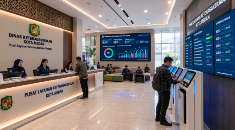 Dashboard interaktif Sistem Izin Ketenagakerjaan Medan yang menampilkan sistem pemantauan data produktivitas real-time untuk mendukung efisiensi tenaga kerja kota Medan.