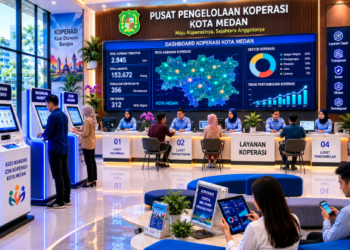 Dashboard interaktif Sistem Izin Koperasi Medan yang menampilkan sistem pemantauan data ekonomi real-time untuk mendukung efisiensi kelembagaan kota Medan.