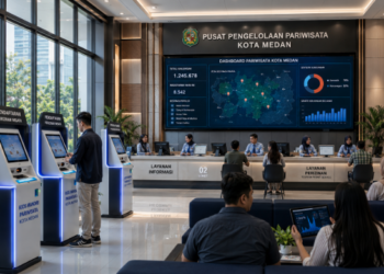 Dashboard interaktif Sistem Izin Pariwisata Medan yang menampilkan sistem pemantauan data destinasi real-time untuk mendukung efisiensi wisata kota Medan.