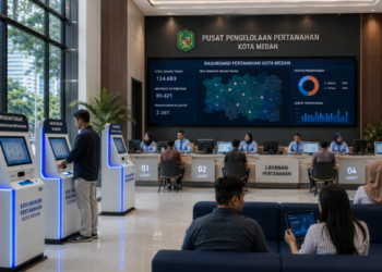 Dashboard interaktif Sistem Izin Pertanahan Medan yang menampilkan sistem pemantauan data lahan real-time untuk mendukung efisiensi properti kota Medan.