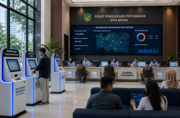 Dashboard interaktif Sistem Izin Pertanahan Medan yang menampilkan sistem pemantauan data lahan real-time untuk mendukung efisiensi properti kota Medan.