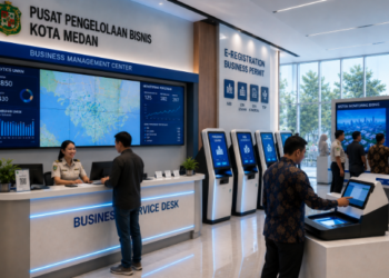 Dashboard interaktif Sistem Izin Usaha UMKM yang menampilkan sistem pemantauan data bisnis real-time untuk mendukung efisiensi ekonomi kota Medan.