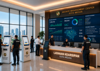 Dashboard interaktif Sistem Kearsipan Digital Medan yang menampilkan sistem pemantauan data arsip real-time untuk mendukung efisiensi berkas kota Medan.