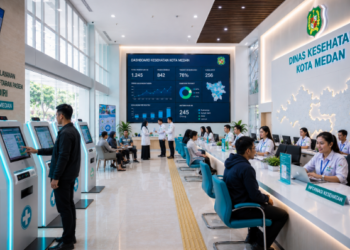 Dashboard interaktif Sistem Kesehatan Warga Medan yang menampilkan sistem pemantauan data pasien real-time untuk mendukung efisiensi medis kota Medan.