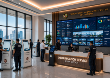 Dashboard interaktif Sistem Komunikasi Publik Medan yang menampilkan sistem pemantauan data pesan real-time untuk mendukung efisiensi informasi kota Medan.