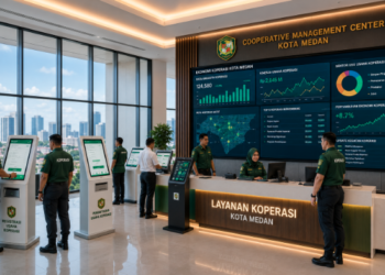 Dashboard interaktif Sistem Koperasi Usaha Medan yang menampilkan sistem pemantauan data modal real-time untuk mendukung efisiensi ekonomi kota Medan.