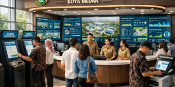 Dashboard interaktif Sistem Layanan Kesehatan Medan yang menampilkan sistem pemantauan data sehat real-time untuk mendukung efisiensi kesehatan kota Medan.