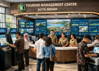Dashboard interaktif Sistem Pariwisata Unggulan Medan yang menampilkan sistem pemantauan data wisata real-time untuk mendukung efisiensi destinasi kota Medan.