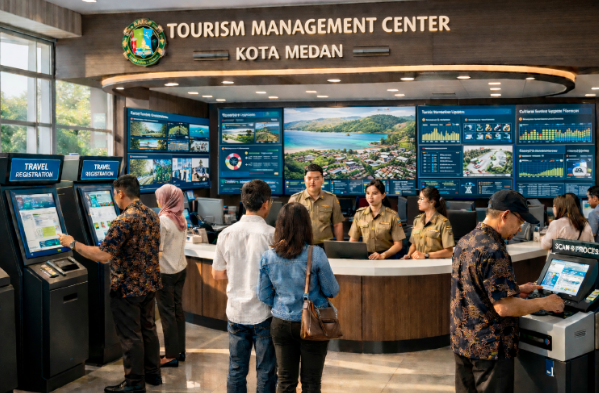 Dashboard interaktif Sistem Pariwisata Unggulan Medan yang menampilkan sistem pemantauan data wisata real-time untuk mendukung efisiensi destinasi kota Medan.