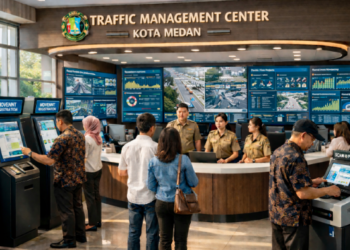 Dashboard interaktif Sistem Pengaturan Lalu-Lintas Medan yang menampilkan sistem pemantauan data arus real-time untuk mendukung efisiensi jalan kota Medan.
