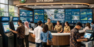 Dashboard interaktif Sistem Pengaturan Lalu-Lintas Medan yang menampilkan sistem pemantauan data arus real-time untuk mendukung efisiensi jalan kota Medan.