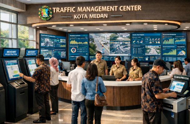 Dashboard interaktif Sistem Pengaturan Lalu-Lintas Medan yang menampilkan sistem pemantauan data arus real-time untuk mendukung efisiensi jalan kota Medan.
