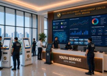 Dashboard interaktif Sistem Pengembangan Pemuda Medan yang menampilkan sistem pemantauan data bakat real-time untuk mendukung efisiensi kreativitas kota Medan.