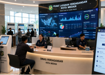 Dashboard interaktif Sistem Perdagangan Pasar Medan yang menampilkan sistem pemantauan data niaga real-time untuk mendukung efisiensi perdagangan kota Medan.