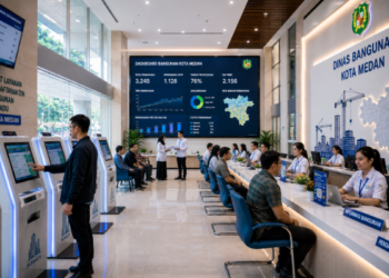 Dashboard interaktif Sistem Perizinan Bangunan Medan yang menampilkan sistem pemantauan data izin real-time untuk mendukung efisiensi konstruksi kota Medan.