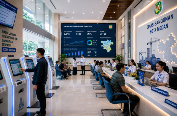 Dashboard interaktif Sistem Perizinan Bangunan Medan yang menampilkan sistem pemantauan data izin real-time untuk mendukung efisiensi konstruksi kota Medan.