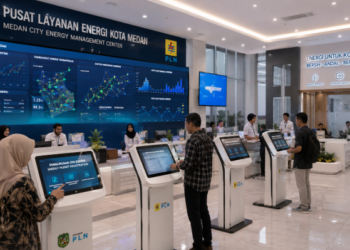 Dashboard interaktif Sistem Perizinan Energi Medan yang menampilkan sistem pemantauan data daya real-time untuk mendukung efisiensi kelistrikan kota Medan.