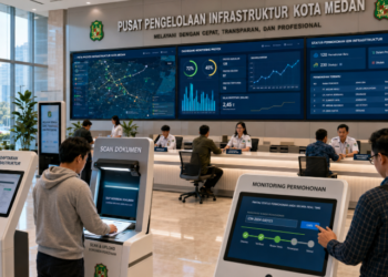Dashboard interaktif Sistem Perizinan Infrastruktur Medan yang menampilkan sistem pemantauan data sarana real-time untuk mendukung efisiensi pembangunan kota Medan.