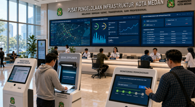 Dashboard interaktif Sistem Perizinan Infrastruktur Medan yang menampilkan sistem pemantauan data sarana real-time untuk mendukung efisiensi pembangunan kota Medan.