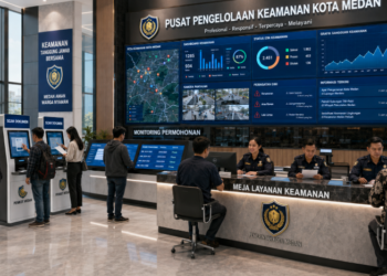 Dashboard interaktif Sistem Perizinan Keamanan Medan yang menampilkan sistem pemantauan data ketertiban real-time untuk mendukung efisiensi keamanan kota Medan.