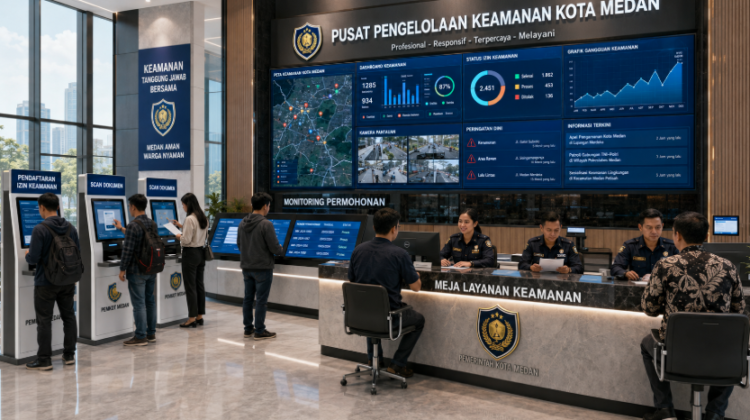 Dashboard interaktif Sistem Perizinan Keamanan Medan yang menampilkan sistem pemantauan data ketertiban real-time untuk mendukung efisiensi keamanan kota Medan.