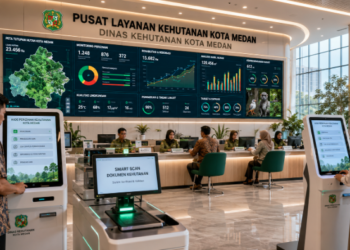 Dashboard interaktif Sistem Perizinan Kehutanan Medan yang menampilkan sistem pemantauan data hijau real-time untuk mendukung efisiensi konservasi kota Medan.