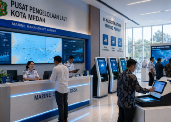 Dashboard interaktif Sistem Perizinan Kelautan Medan yang menampilkan sistem pemantauan data pesisir real-time untuk mendukung efisiensi bahari kota Medan.