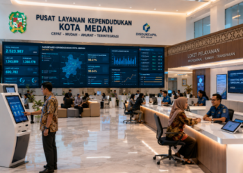 Dashboard interaktif Sistem Perizinan Kependudukan Medan yang menampilkan sistem pemantauan data identitas real-time untuk mendukung efisiensi adminduk kota Medan.