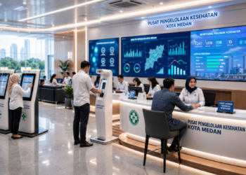 Dashboard interaktif Sistem Perizinan Kesehatan Medan yang menampilkan sistem pemantauan data medis real-time untuk mendukung efisiensi kesehatan kota Medan.